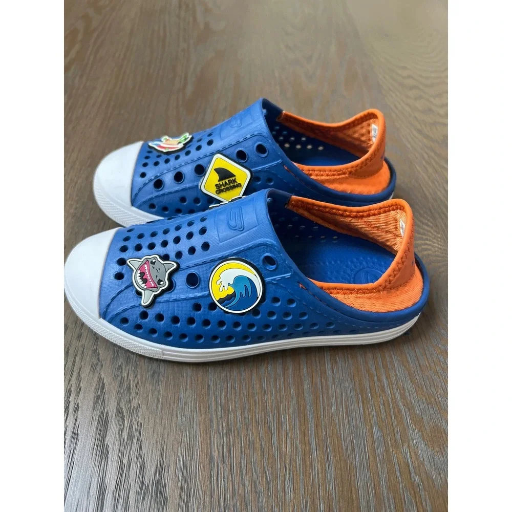Skechers Foamies Guzmer Blue Orange Shark Charms Water Shoes Kids 13